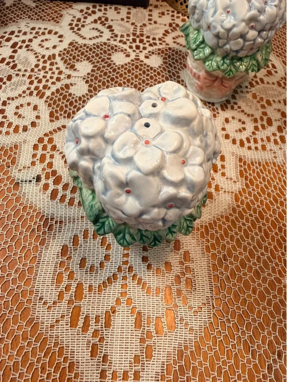 Vintage Blue Hydrangea Condiment Set Salt Pepper Shakers & Covered Jam Jar